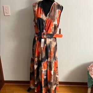 Fever Orange Black V-Neck Sleeveless Maxi Dress